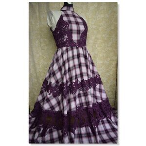 Mia Joy Womens Sz Med Purple Plaid Crochet Maxi Dress Cottagecore Fairy Whimsy
